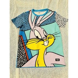 Bugs Bunny Looney Tunes All Over Print Polyester T-shirt Youth large l Vtg Look